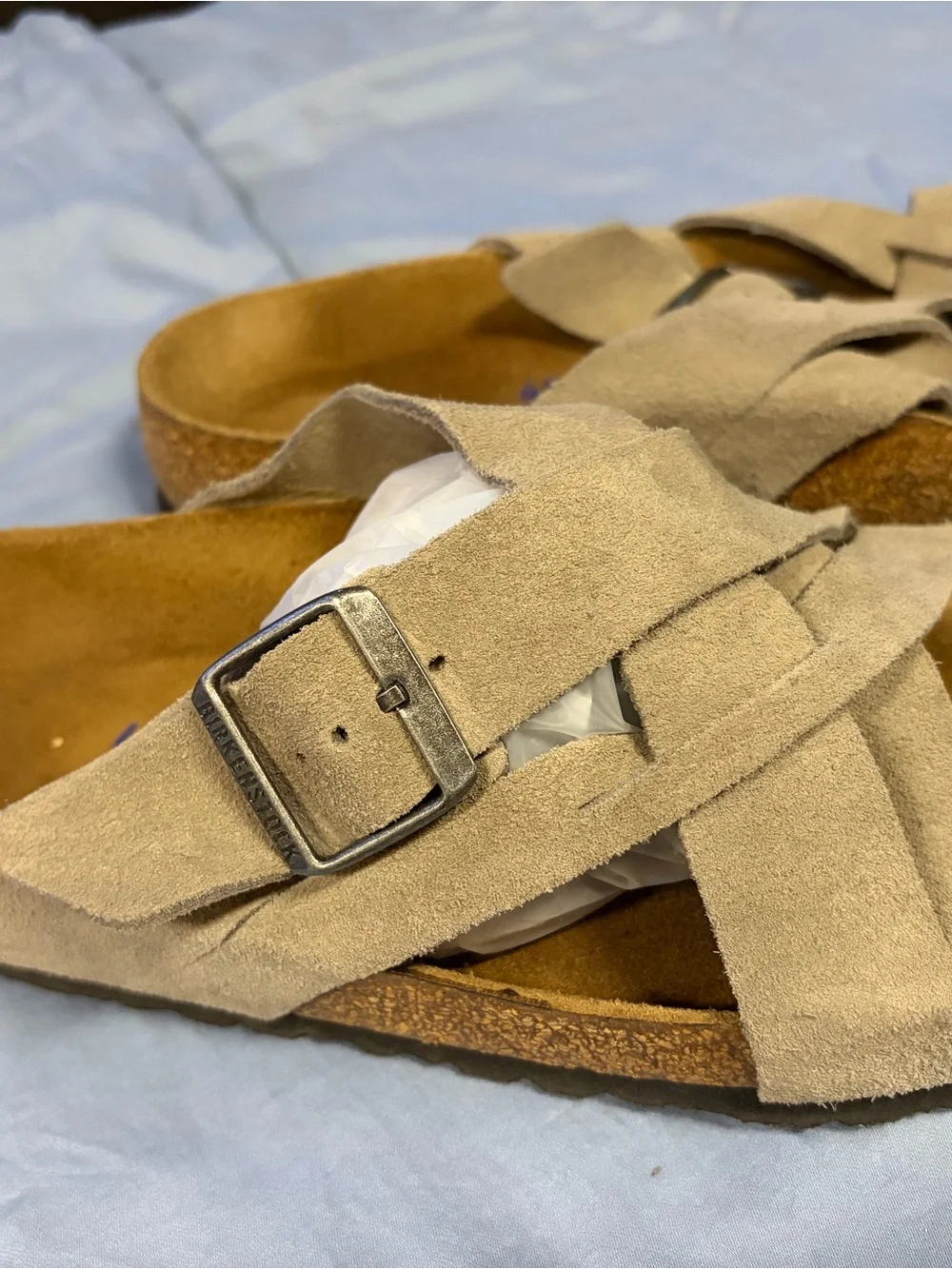 Birkenstock Taupe Lugano Suede Crisscross Buckle Sandals